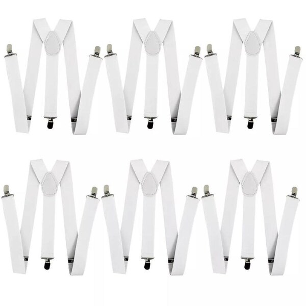 6x Mens Suspenders Braces Adjustable Strong Clip On Elastic Formal Wedding BULK - White