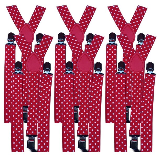 6x Mens Suspenders Braces Adjustable Strong Clip On Elastic Formal Wedding BULK - Red with White Polka Dot