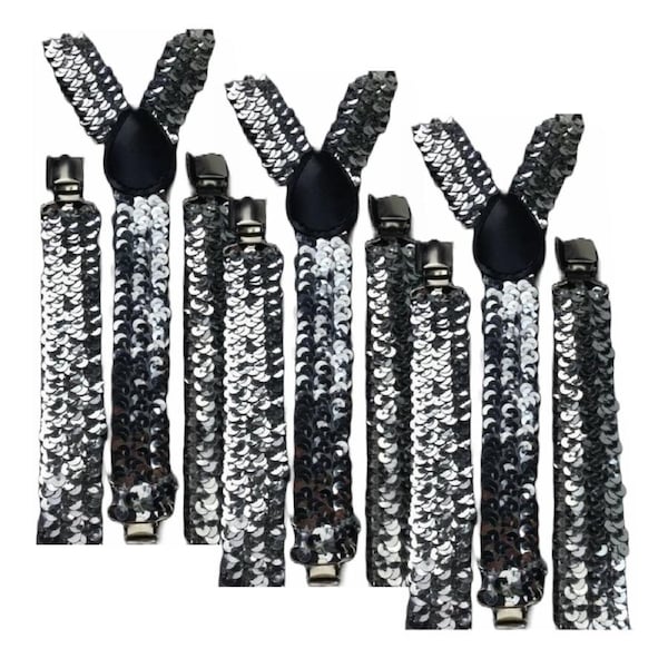 3x Mens Suspenders Braces Adjustable Strong Clip On Elastic Formal Wedding Slim - Silver (Sequin)