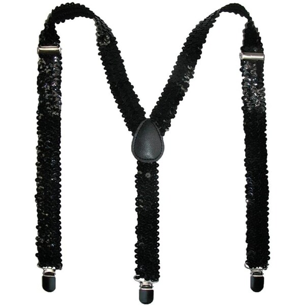 SEQUIN SUSPENDERS Unisex Adjustable Braces Clip On Elastic Y-Back - Black