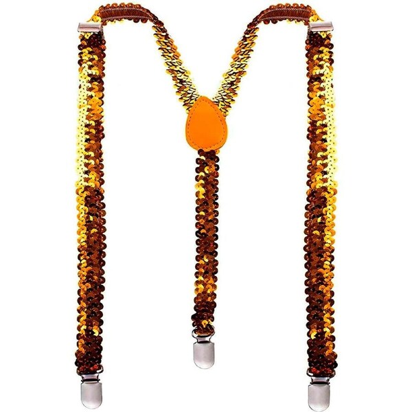 SEQUIN SUSPENDERS Unisex Adjustable Braces Clip On Elastic Y-Back - Orange