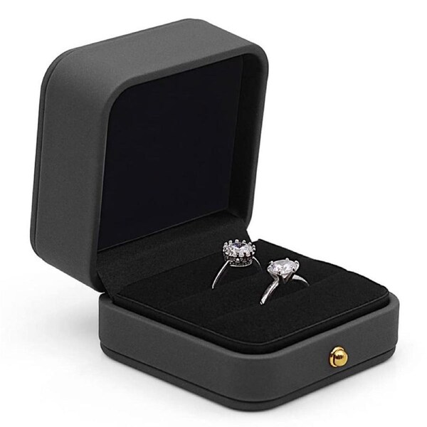 Catzon Engagement Ring Box Square Leather Velvet Ring Bearer Box Double Slot for Proposal and Wedding-Gray