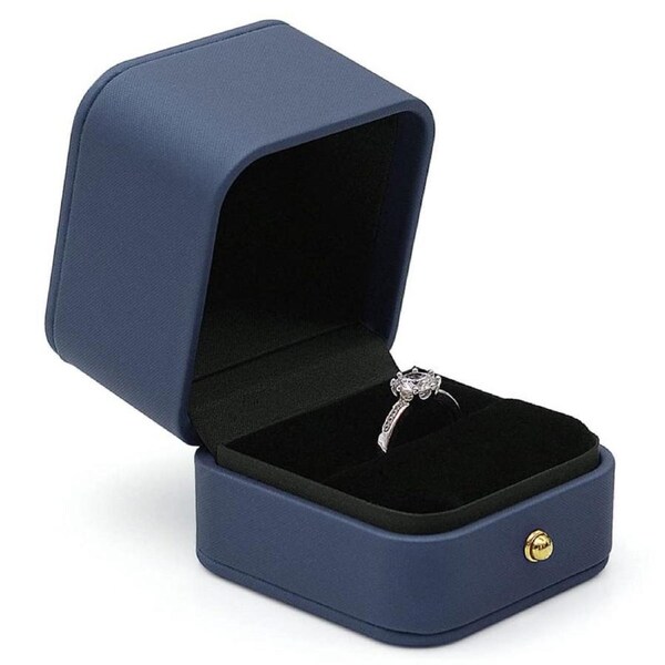 Catzon Engagement Ring Box Square Leather Velvet Ring Bearer Box Single Slot for Proposal and Wedding-Blue