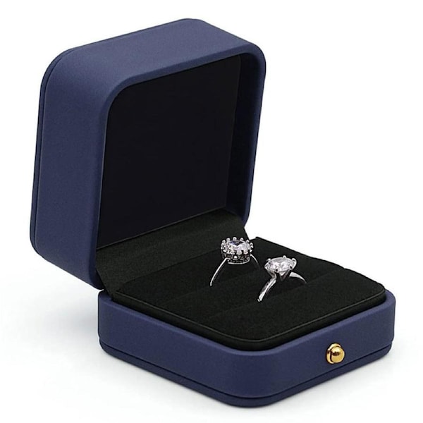 Catzon Engagement Ring Box Square Leather Velvet Ring Bearer Box Double Slot for Proposal and Wedding-Blue