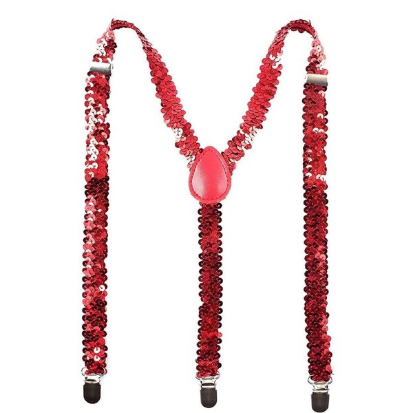 SEQUIN SUSPENDERS Unisex Adjustable Braces Clip On Elastic Y-Back - Red