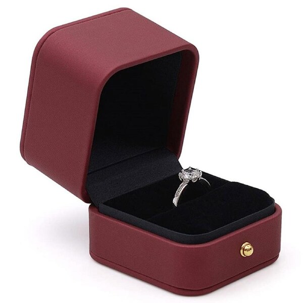 Catzon Engagement Ring Box Square Leather Velvet Ring Bearer Box Single Slot for Proposal and Wedding-Red