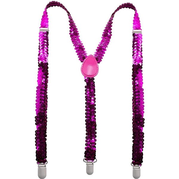 SEQUIN SUSPENDERS Unisex Adjustable Braces Clip On Elastic Y-Back - Hot Pink