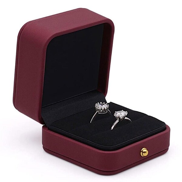 Catzon Engagement Ring Box Square Leather Velvet Ring Bearer Box Double Slot for Proposal and Wedding-Red