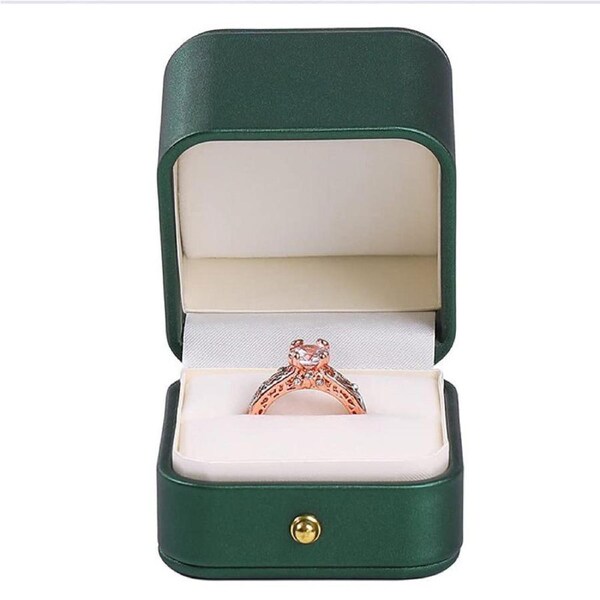 Catzon Engagement Ring Box Square Leather Velvet Ring Bearer Box Single Slot for Proposal and Wedding-Green