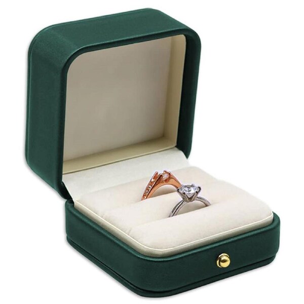 Catzon Engagement Ring Box Square Leather Velvet Ring Bearer Box Double Slot for Proposal and Wedding-Green