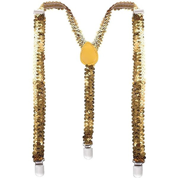 SEQUIN SUSPENDERS Unisex Adjustable Braces Clip On Elastic Y-Back - Gold