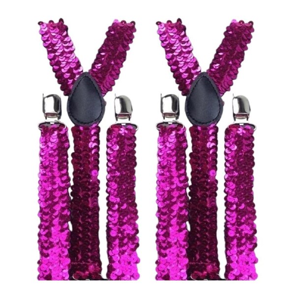 2x Mens Suspenders Braces Adjustable Strong Clip On Elastic Formal Wedding Slim - Hot Pink (Sequin)