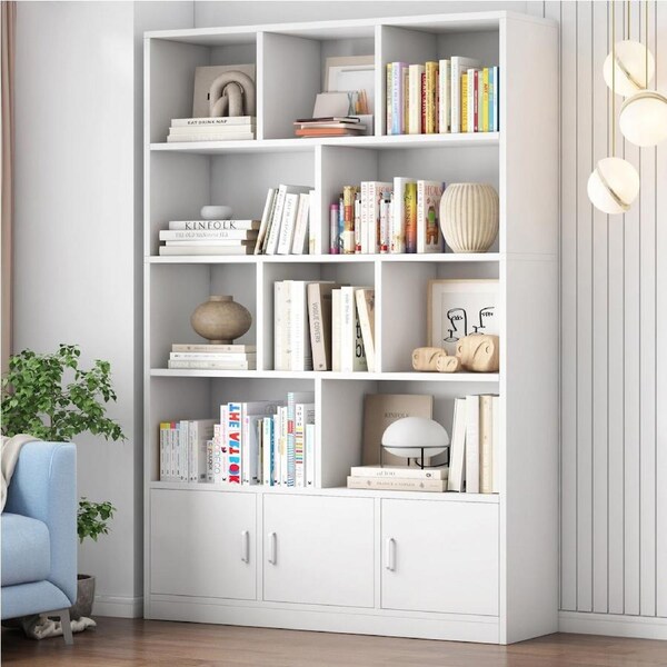 Alpha 10-Shelf 3-Door Wardrobe Cupboard Bookshelf Cabinet (White)