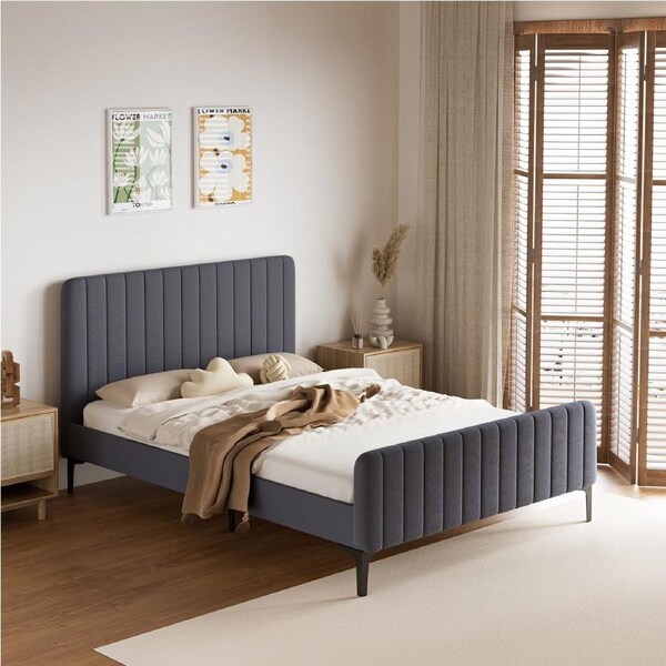 206x146 Oikiture Bed Frame Double Size Grey Velvet ROYO
