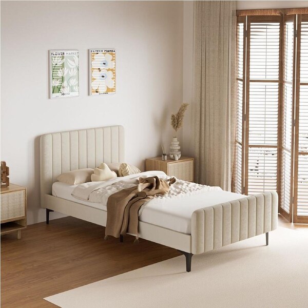 219x116 Oikiture Bed Frame King Single Size Beige Velvet ROYO