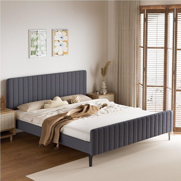219x192 Oikiture Bed Frame King Size Grey Velvet ROYO