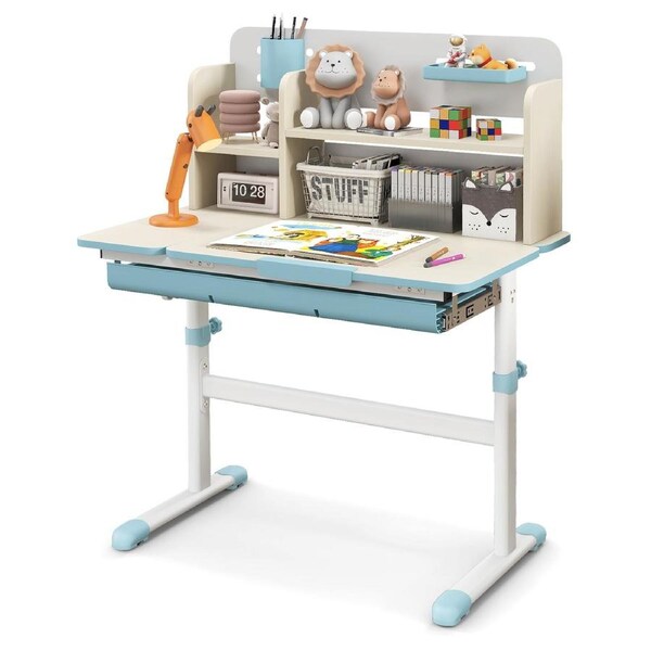 Costway Height Adjustbale Study DeskLearning Table w/Tiltable Desktop & Pull Out Drawer Blue