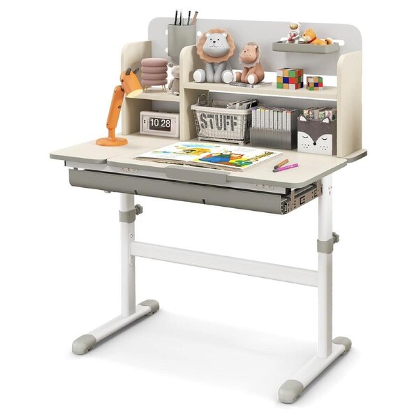 Costway Height Adjustbale Study DeskLearning Table w/Tiltable Desktop & Pull Out Drawer Grey