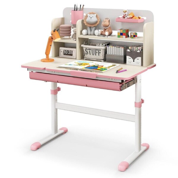 Costway Height Adjustbale Study DeskLearning Table w/Tiltable Desktop & Pull Out Drawer Pink
