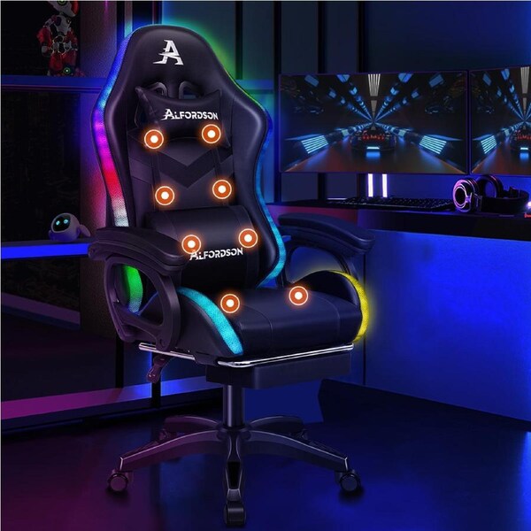 ALFORDSON Gaming Office Chair 12 RGB LED Massage Computer Work Seat Footrest All Black