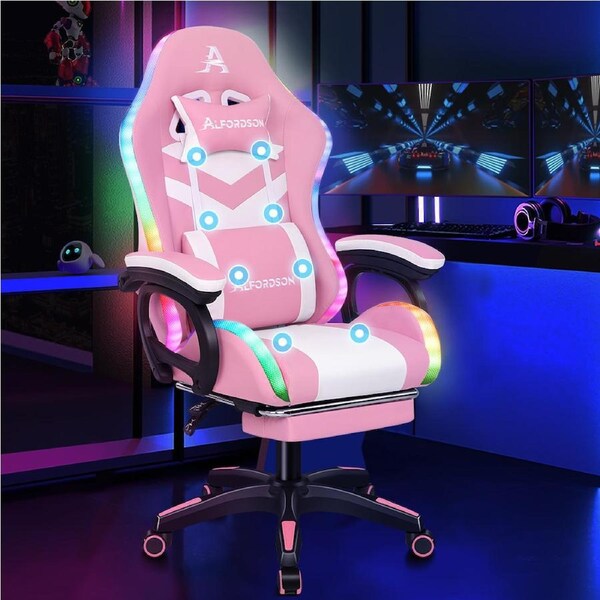 ALFORDSON Gaming Office Chair 12 RGB LED Massage Computer Work Seat Footrest Pink & White