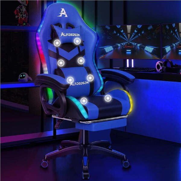ALFORDSON Gaming Office Chair 12 RGB LED Massage Computer Work Seat Footrest Black & Blue
