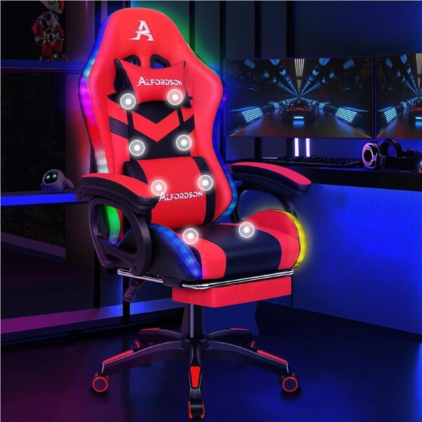ALFORDSON Gaming Office Chair 12 RGB LED Massage Computer Work Seat Footrest Black & Red
