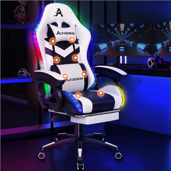 ALFORDSON Gaming Office Chair 12 RGB LED Massage Computer Work Seat Footrest Black & White