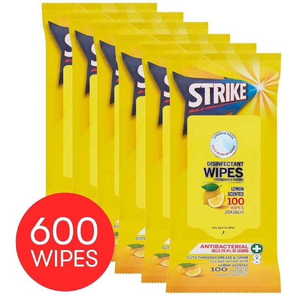 Strike Disinfectant Wipes 100 Wipes x 6 Packs - Lemon