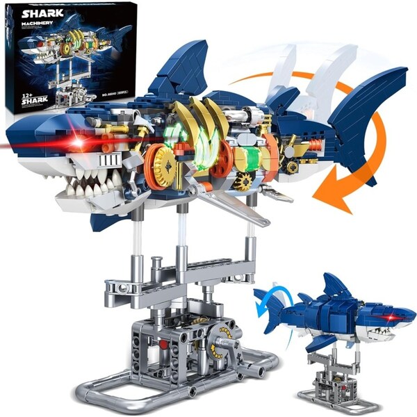 666PCS Shark Building Block Set for Boy 8-12, Ideas Sea Animal Building Blocks Toys with Lighting and Rotatable Link Components STEAM