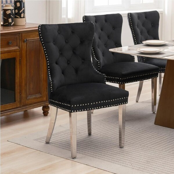 2x Dining Chair Black Velvet Upholstery Button Studding Deep Quilting Wooden Frame