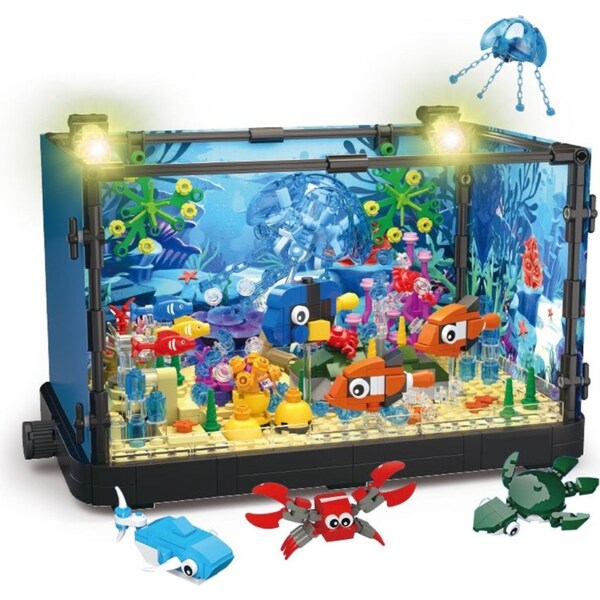 725PCS Jorumo Fish Tank Building Block Lighting Aquarium Sets for Adults and Kids Including Ocean Jellyfish Dolphin Turtle Crab Animal Building Toys