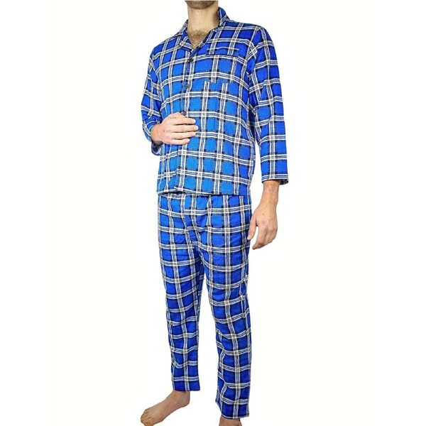 Mens Flannelette Pyjama Set Sleepwear Soft 100% Cotton PJs Two Piece Pajamas Blue / 4XL