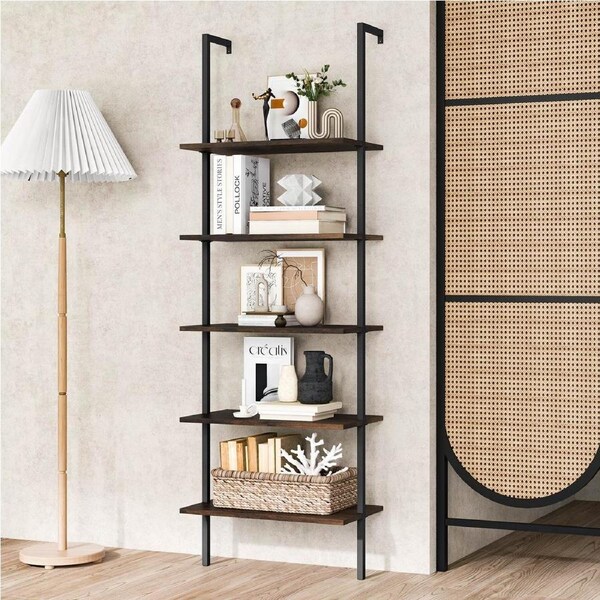 Giantex 5 Tier Ladder Shelf Wall Mounted Bookshelf w/Steel Frame Home Office Display Storage Shelves Plant Rack Brown