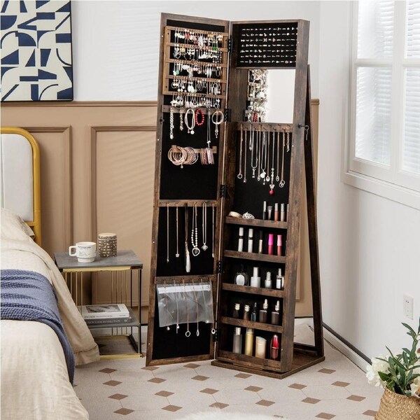 Giantex Standing Mirror Jewellery Cabinet Floor Jewellery Storage Shelf Organiser w/Back Shelf Jewelry Armoire Brown