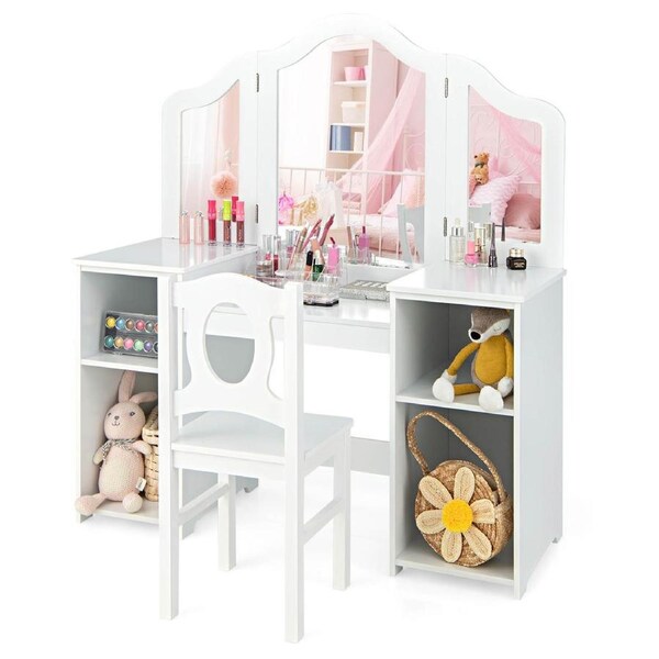Giantex 2-in-1 Kids Vanity Table and Chair Set Makeup Dressing Table w/Mirror Children Study Writing Desk White