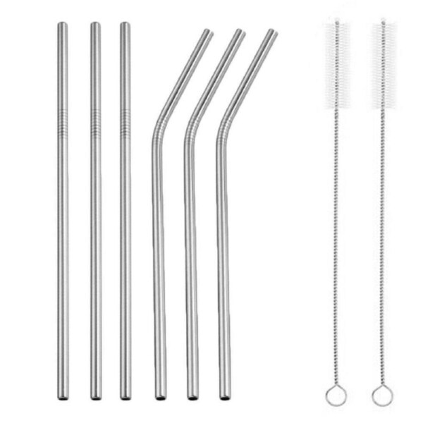 10PCS Stainless Steel Reusable Drinking Straws Set with Cleaning Brushes Silver