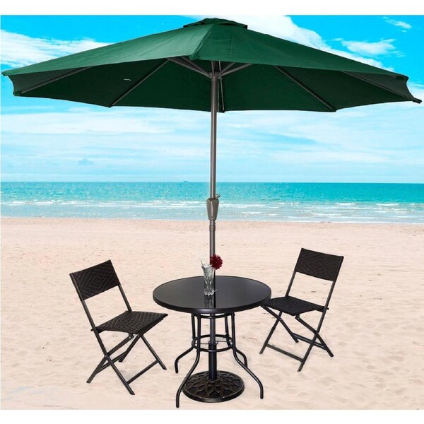 Alfresco 5PC Outdoor Setting (Green Umbrella & Stand, 2 Rattan Chairs, Round Table)