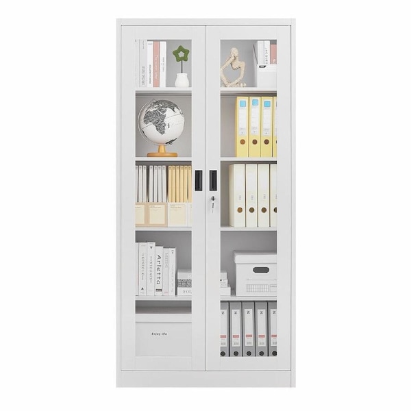 Steel Office Cabinet Filing Storage Shelf Lockable Tempered Glass Door Display Cupboard Rack Garage 185x90x40cm