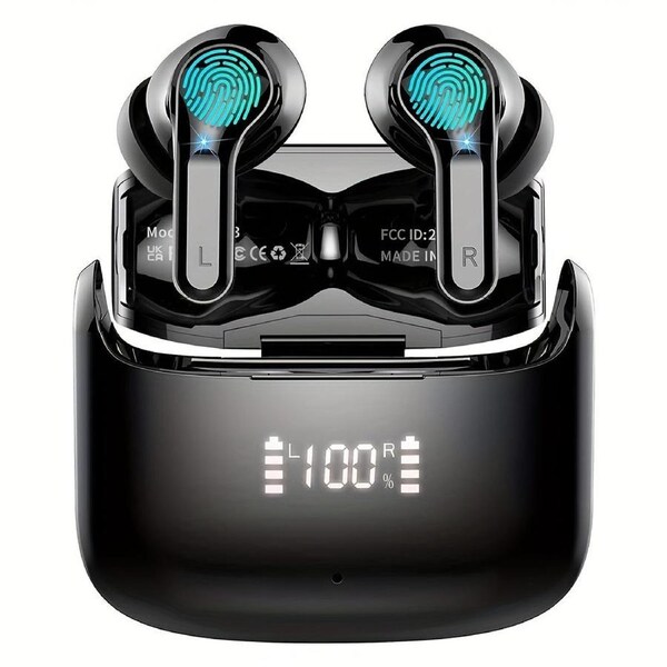 Wireless Earbud, Wireless Headphones 5.3 Stereo Bass Earphones, Ear Buds 40H Dual Mic Call, Earbud In-Ear USB-C LED Display Sport Headset.
