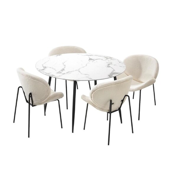 Oikiture 110cm Round Dining Table with 4PCS Dining Chairs White Sherpa