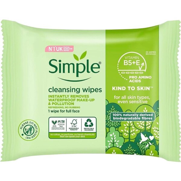 Simple, Kind to Skin, Biodegradable Cleansing Wipes with Vitamin B5, Vitamin E and Pro Amino Acids, 25 Pack