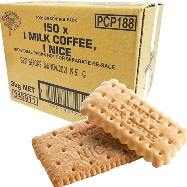 Arnotts Biscuits Portions Milk Coffee & Nice Individual Wrap 150 Pack Carton Bulk Box