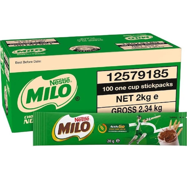 Nestle Milo Single Serve Sachets 20g 100 Pack Carton Bulk Box