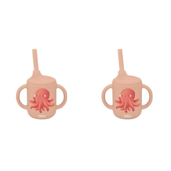 2x Sassi Silicone Sippy Cup Set Slurpy The Octopus Baby/Childrens Cutlery 6m+