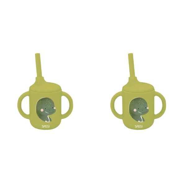 2x Sassi Silicone Sippy Cup Set Cracky the Dinosaur Baby/Childrens Cutlery 6m+