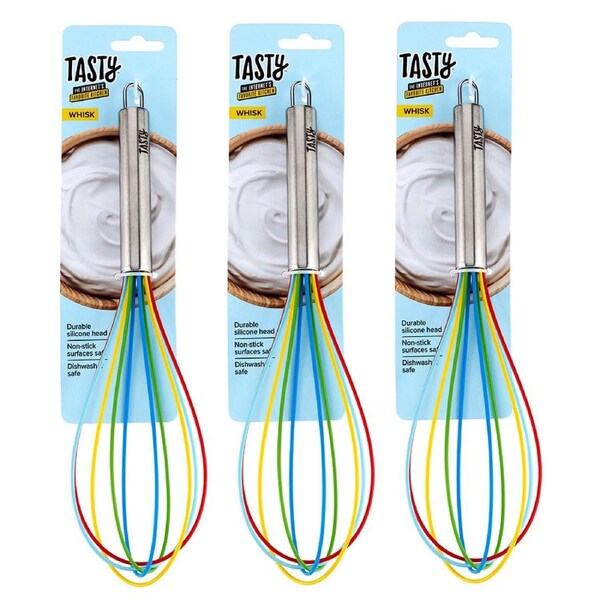 3x Tasty Non-Stick Silicone Whisk/Eggbeater Kitchen Baking/Cooking Utensil 34cm