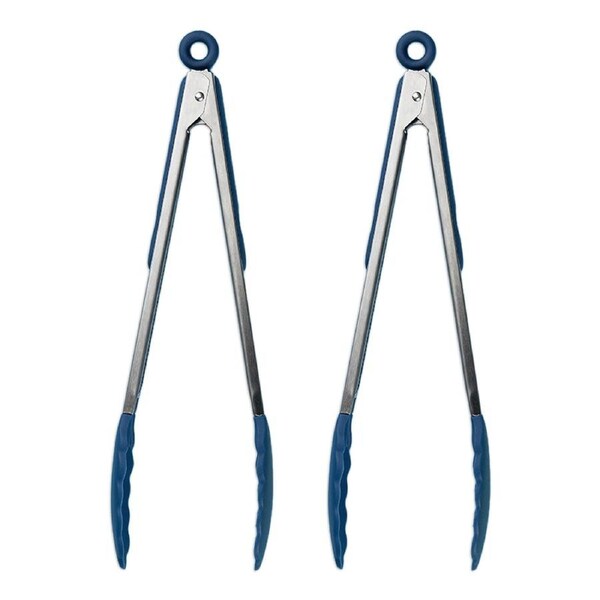 2x Tasty Silicone Tongs/Turning Clip Kitchen Food Cooking Utensil 38cm Blue/SLV