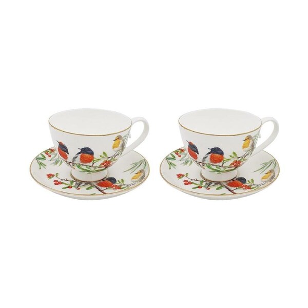PNC Cups & Saucers Set 250mL Red Breasted Robin 4-Piece Fine Bone China CW1503