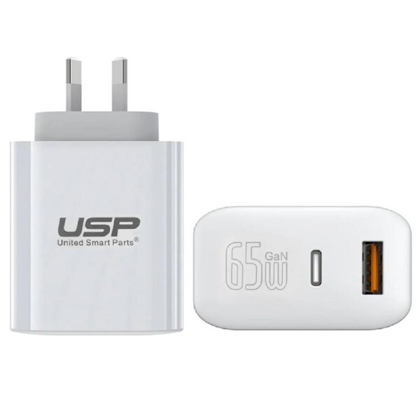 USP 65W Dual Ports USB-C + USB-A PD GaN Wall Charger White PPS Technology [6972890207996]